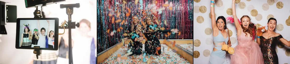Slow Mo Booth gallery showing video capture, confetti, and event guests