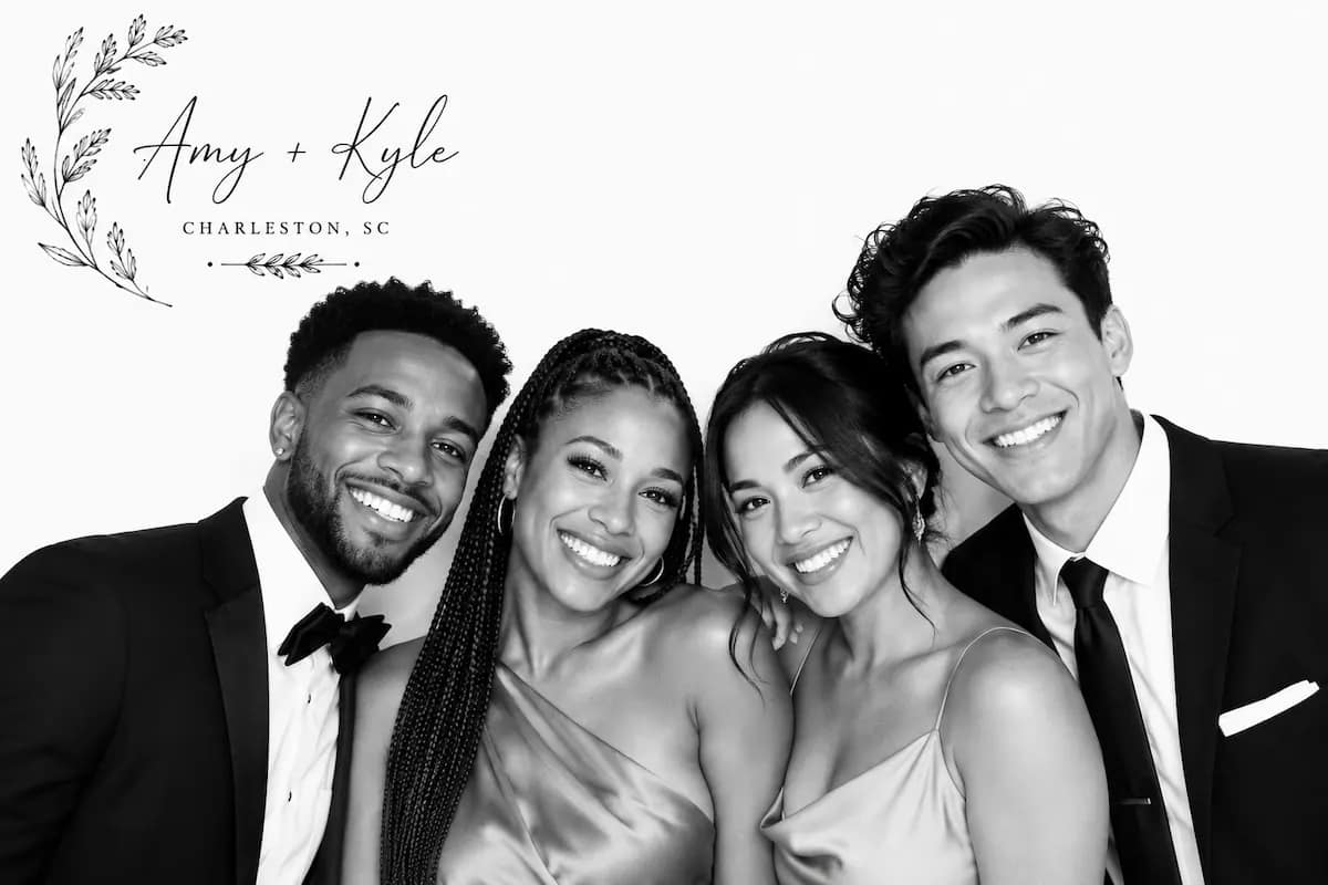 Four wedding guests posing in a polished black-and-white Glam Booth portrait