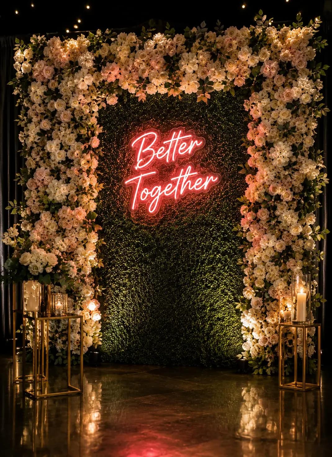Floral photo booth backdrop styled for an elegant wedding