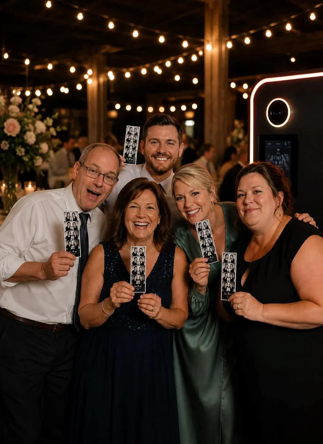 Wedding guests celebrating together in a Charleston photo booth