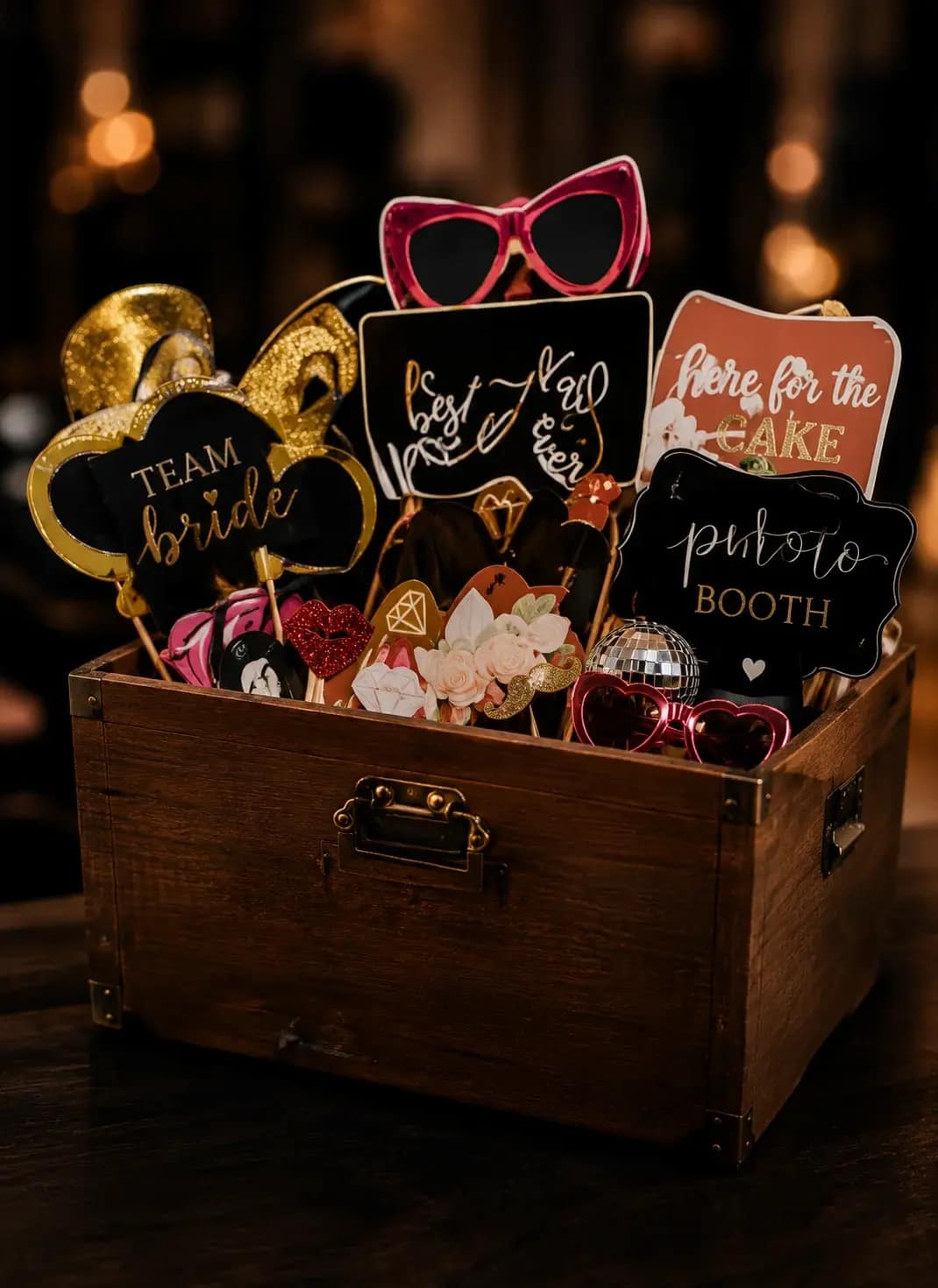 Wedding photo booth props arranged for guests
